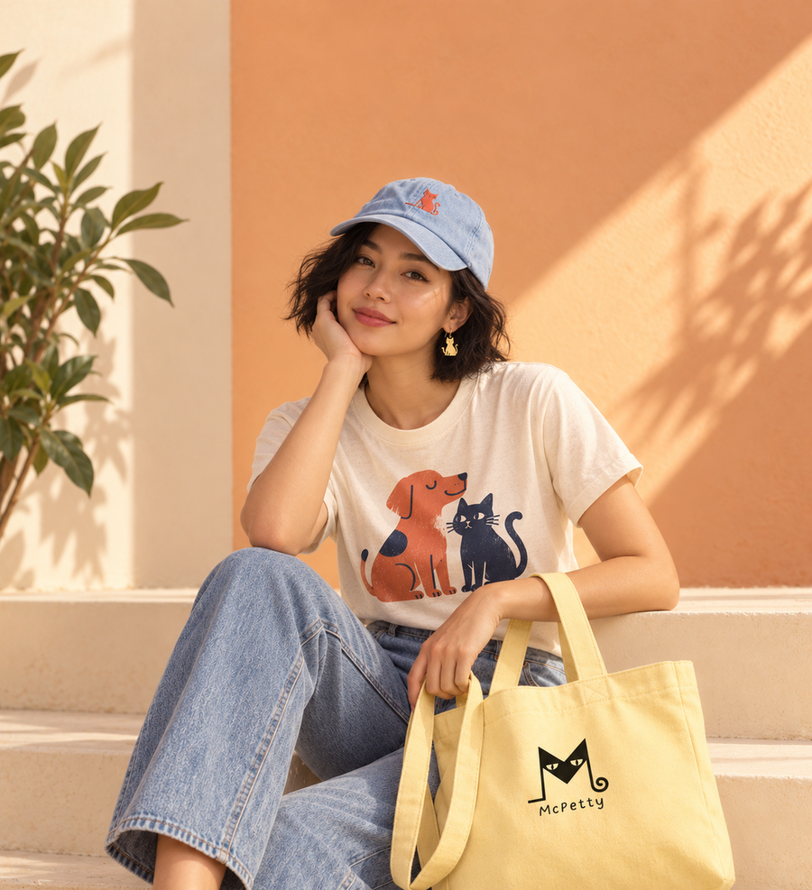 McPetty pet-inspired merchandise campaign with an Asian woman wearing a graphic tee, cap and tote